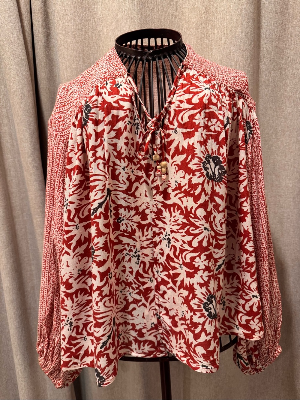 Free People Red Ivory Print Bohemian Open Peasant Tunic Top Blouse Size XS